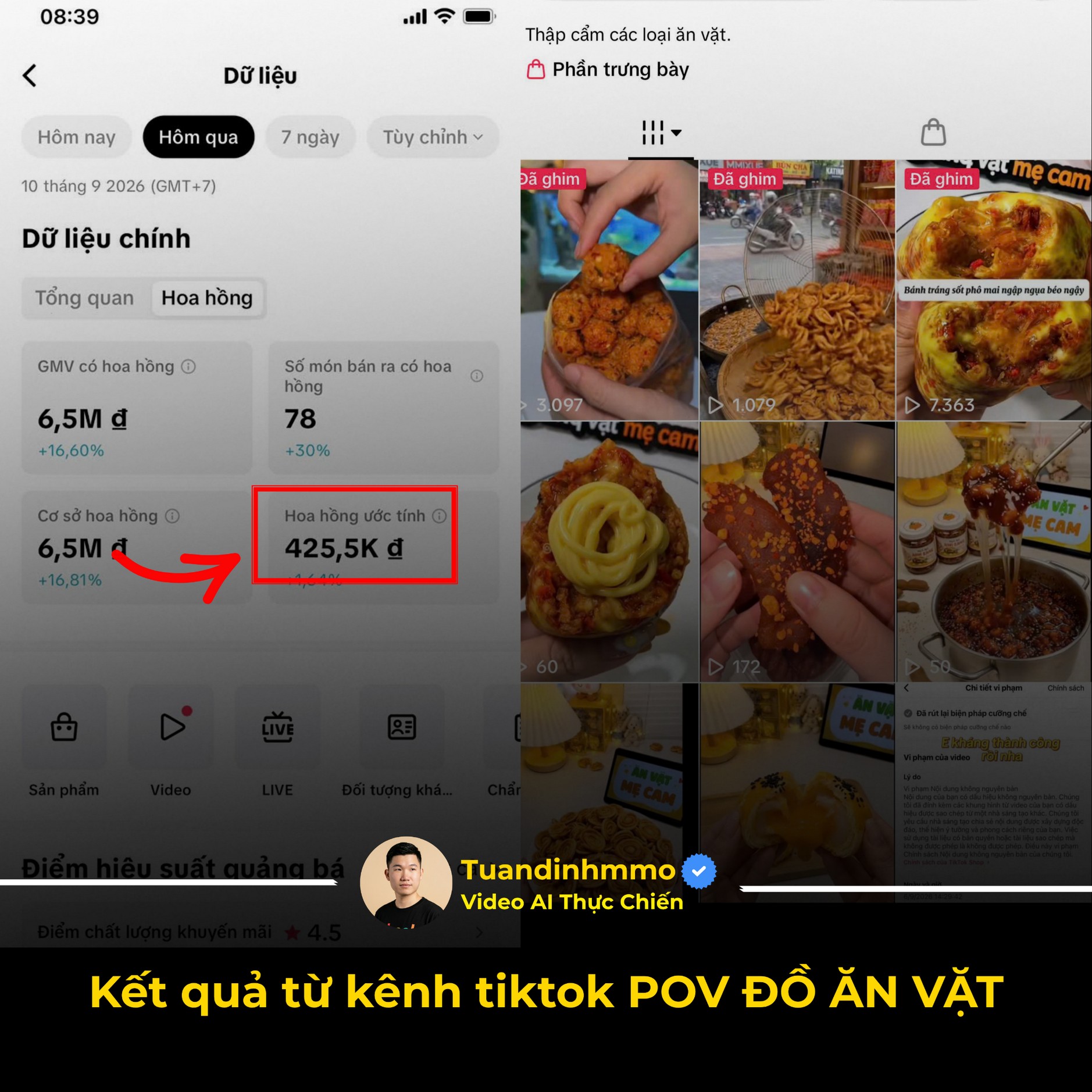Kết quả từ kênh TikTok POV Đồ Ăn Vặt của Tuandinhmmo với hoa hồng 425,5K đ trong một ngày